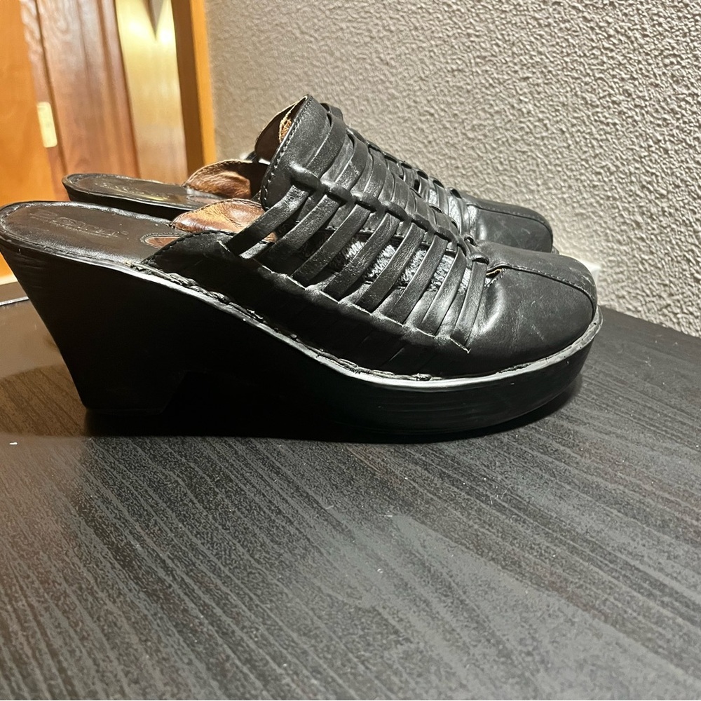 Born Black Leather Wedge Mules